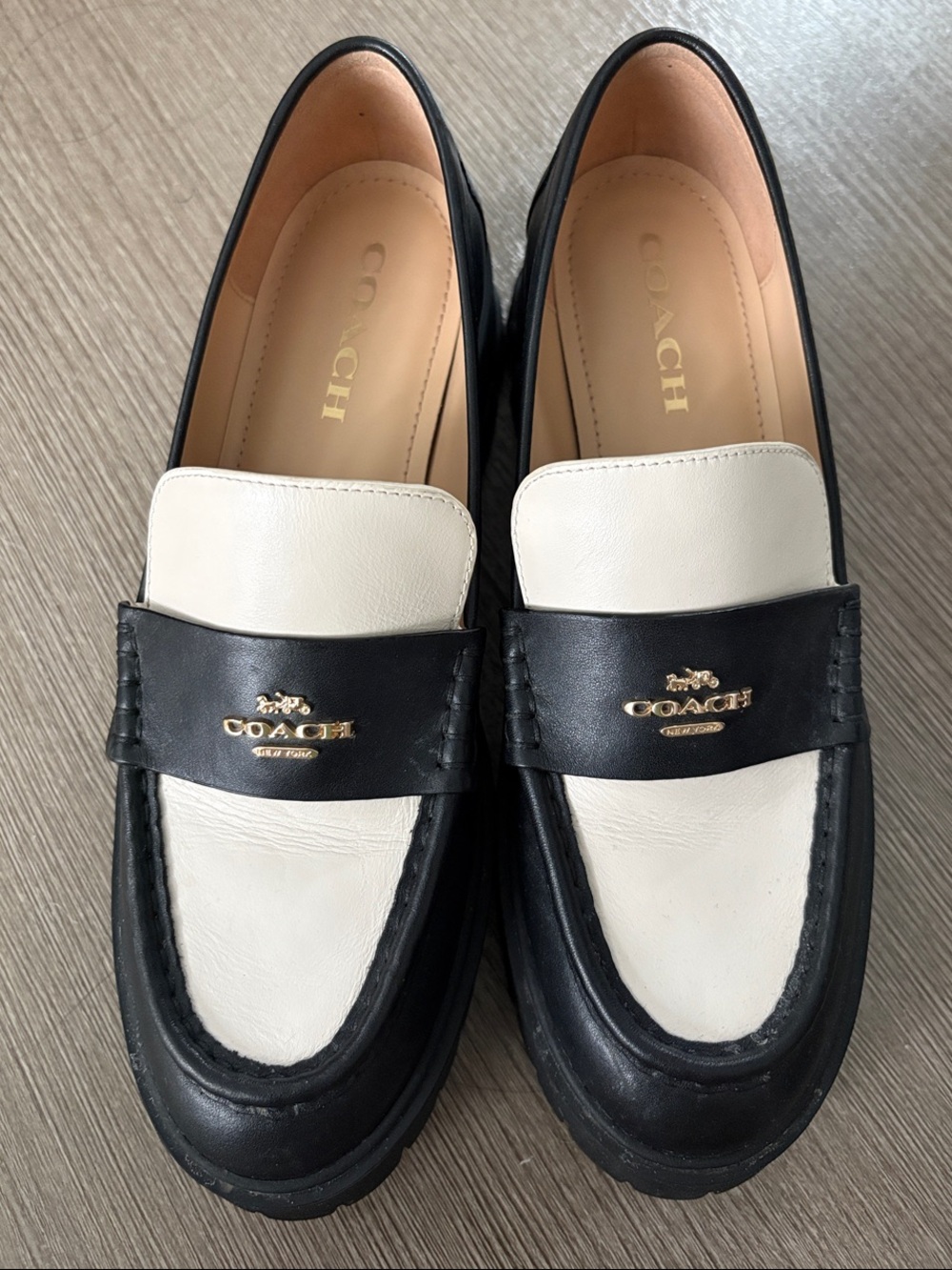 Coach Black & White Leather Penny Loafers with Gold Logo